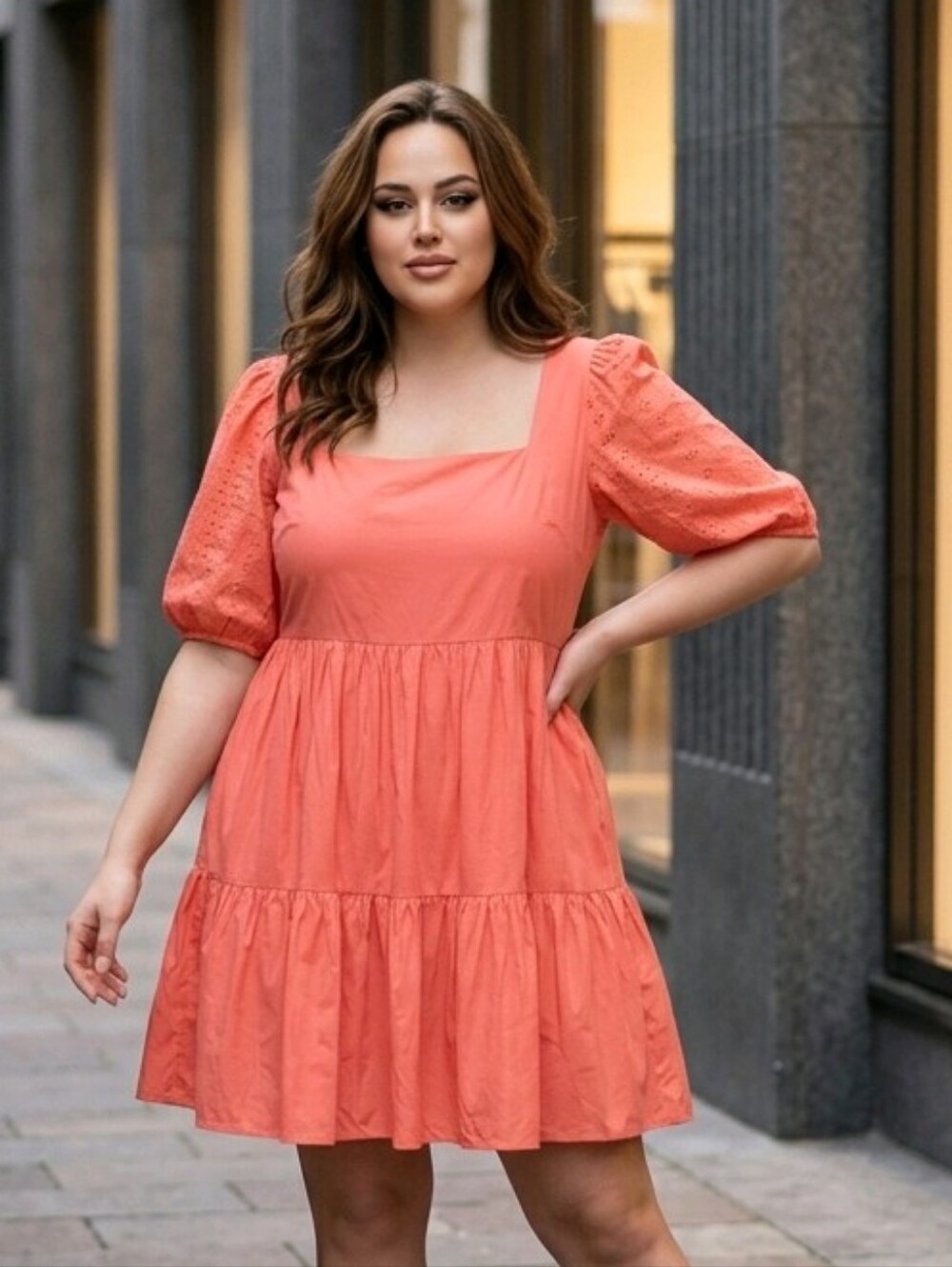 BCBG Hot Coral Babydoll Mini Dress L 12-14 Eyelet Puff Sleeve Tie Back Tiered